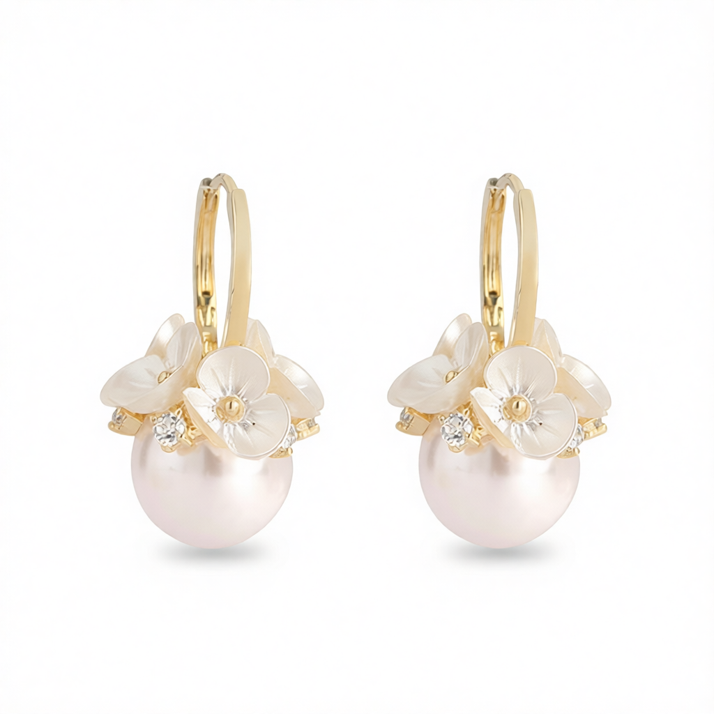 Pearl & Cubic Zirconia Flower Huggie Earrings