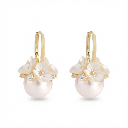 Pearl & Cubic Zirconia Flower Huggie Earrings