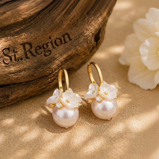 Pearl & Cubic Zirconia Flower Huggie Earrings