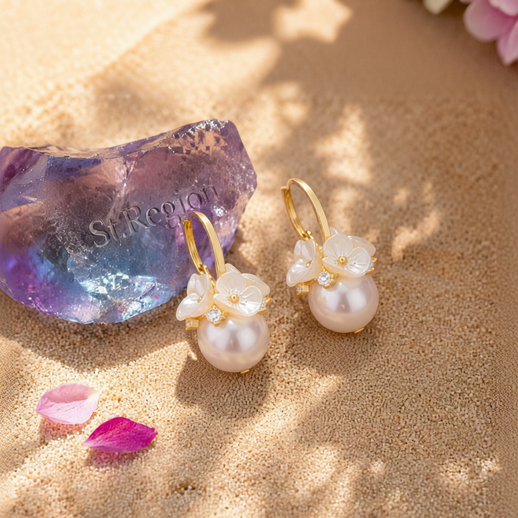 Pearl & Cubic Zirconia Flower Huggie Earrings