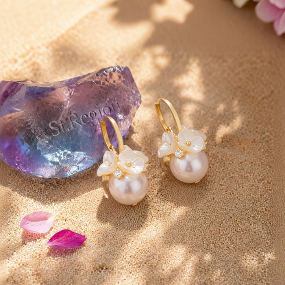 Pearl & Cubic Zirconia Flower Huggie Earrings