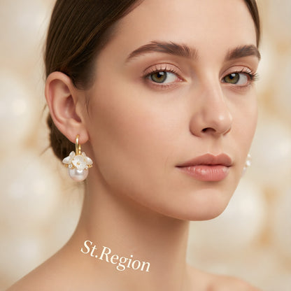 Pearl & Cubic Zirconia Flower Huggie Earrings
