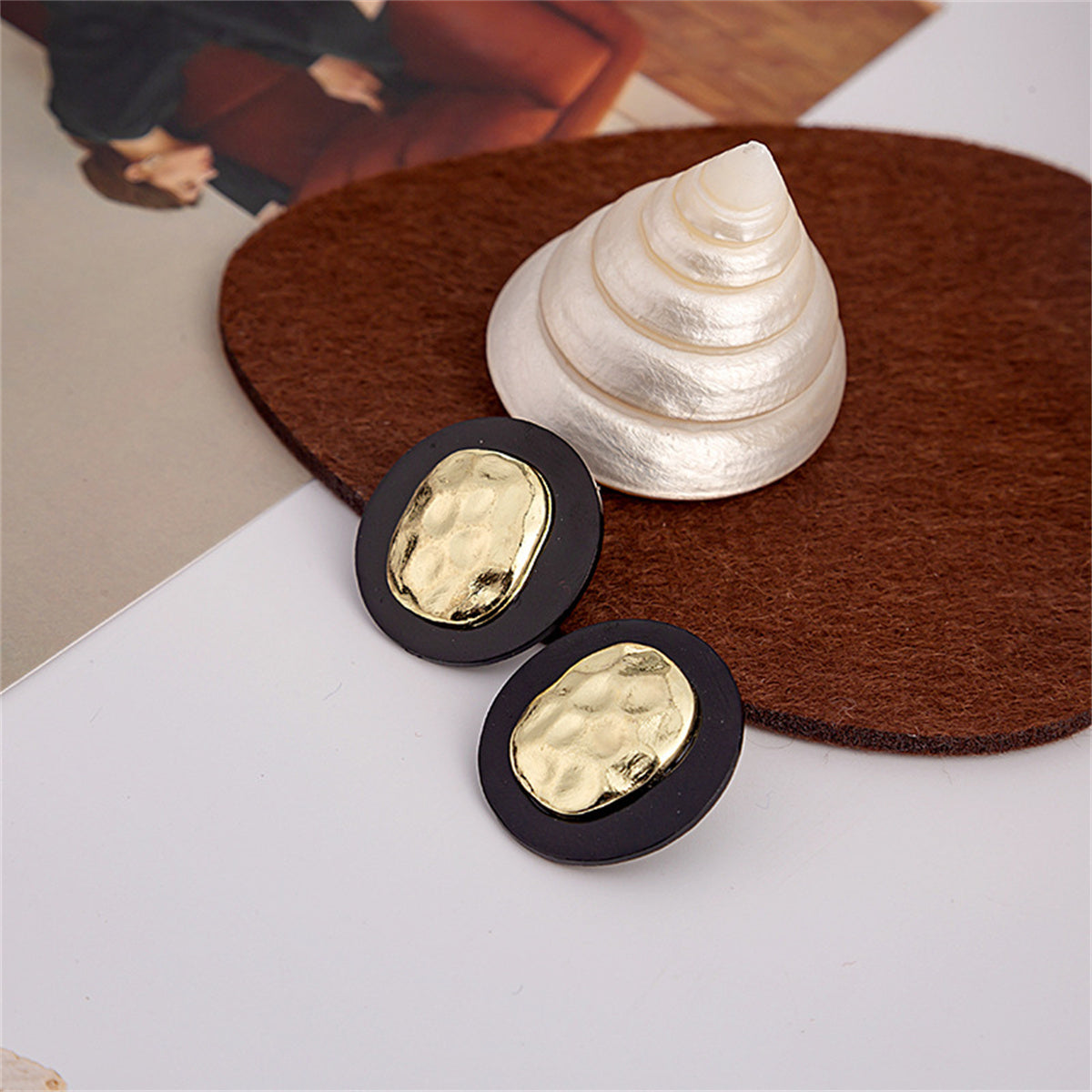 Black Enamel and 18K Gold-Plated Hammered Round Stud Earrings, gold stud earrings for women, front view