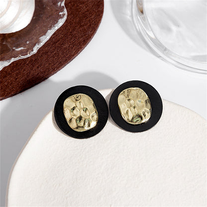 Black Enamel and 18K Gold-Plated Hammered Round Stud Earrings, gold stud earrings for women, lifestyle look