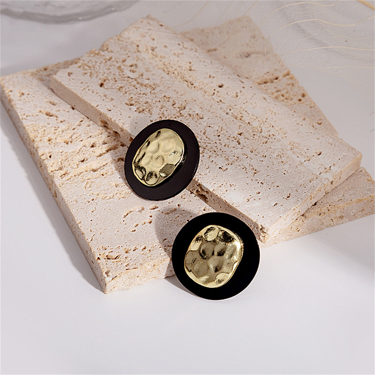 Black Enamel and 18K Gold-Plated Hammered Round Stud Earrings, gold stud earrings for women, styled look
