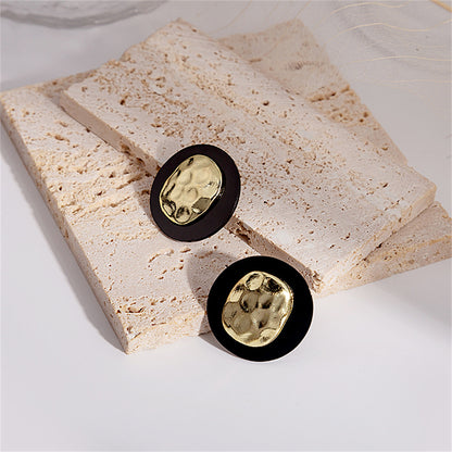 Black Enamel and 18K Gold-Plated Hammered Round Stud Earrings, gold stud earrings for women, styled look