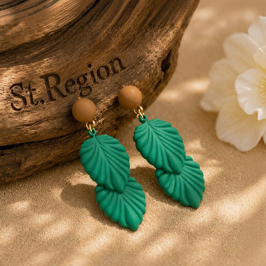 Green Enamel and 18K Gold-Plated Leaves Drop Earrings, gold drop earrings for women, everyday style, front view