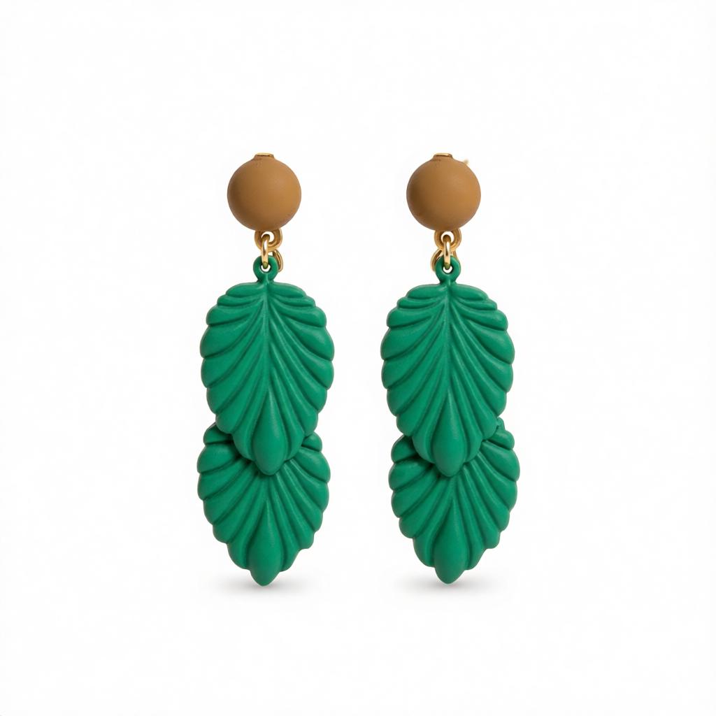 Green Enamel and 18K Gold-Plated Leaves Drop Earrings, gold drop earrings for women, everyday style, side view