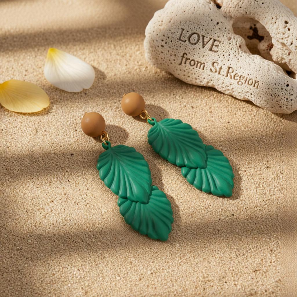 Green Enamel and 18K Gold-Plated Leaves Drop Earrings, gold drop earrings for women, everyday style, lifestyle look