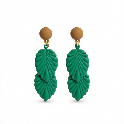 Green Enamel & 18K Gold-Plated Leaves Drop Earrings