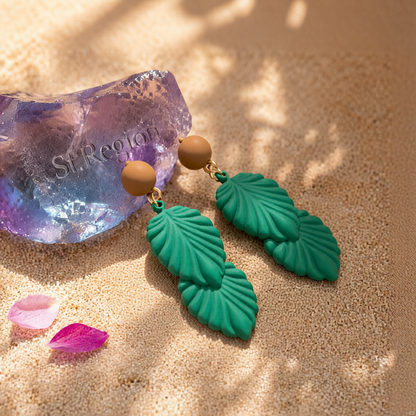 Green Enamel & 18K Gold-Plated Leaves Drop Earrings