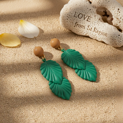 Green Enamel & 18K Gold-Plated Leaves Drop Earrings