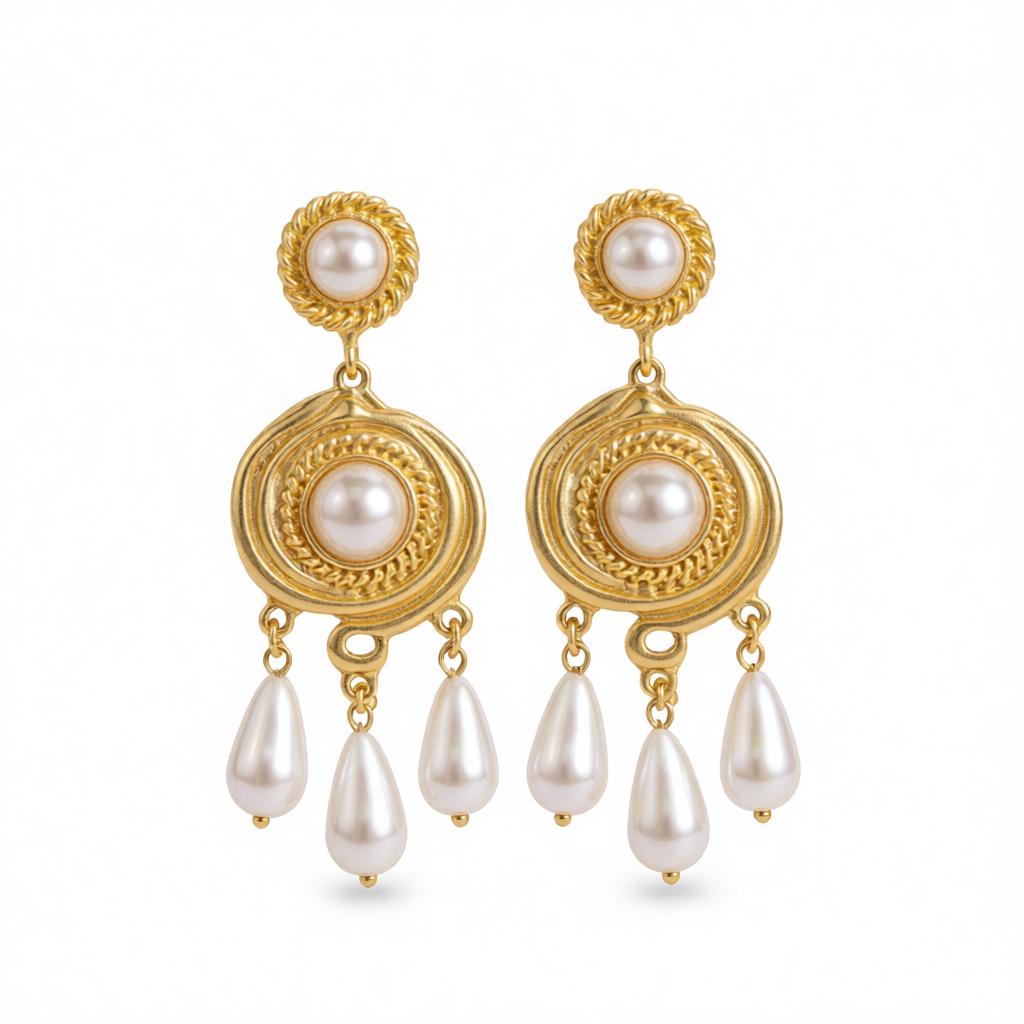 Pearl and 18K Gold-Plated Tassel Drop Earrings, gold drop earrings for women, vintage-inspired design, side view