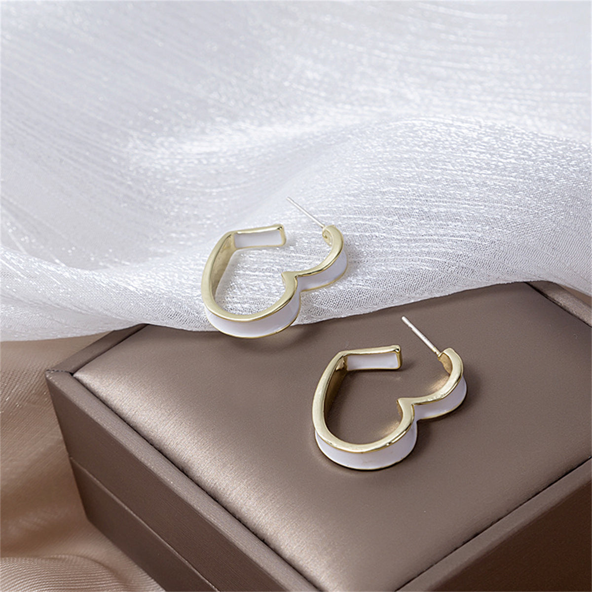 White Enamel & 18K Gold-Plated Heart Huggie Earrings
