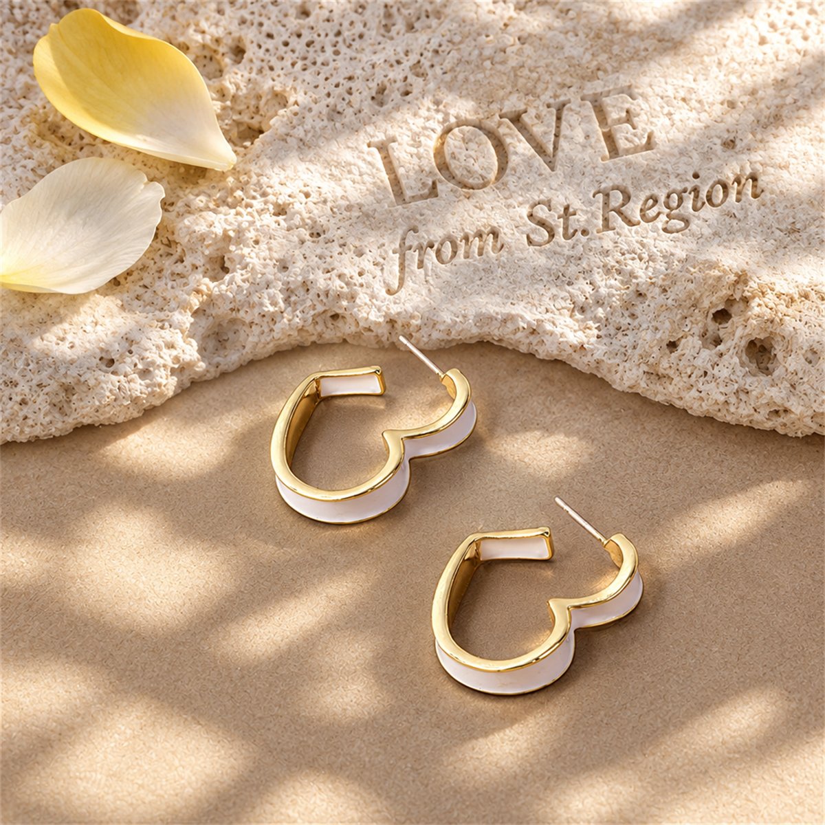 White Enamel and 18K Gold-Plated Heart Huggie Earrings, gold huggie earrings, everyday style, lifestyle look