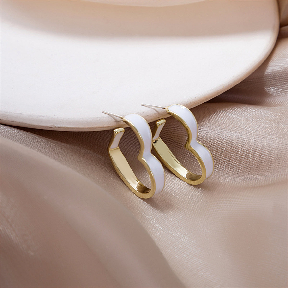 White Enamel & 18K Gold-Plated Heart Huggie Earrings