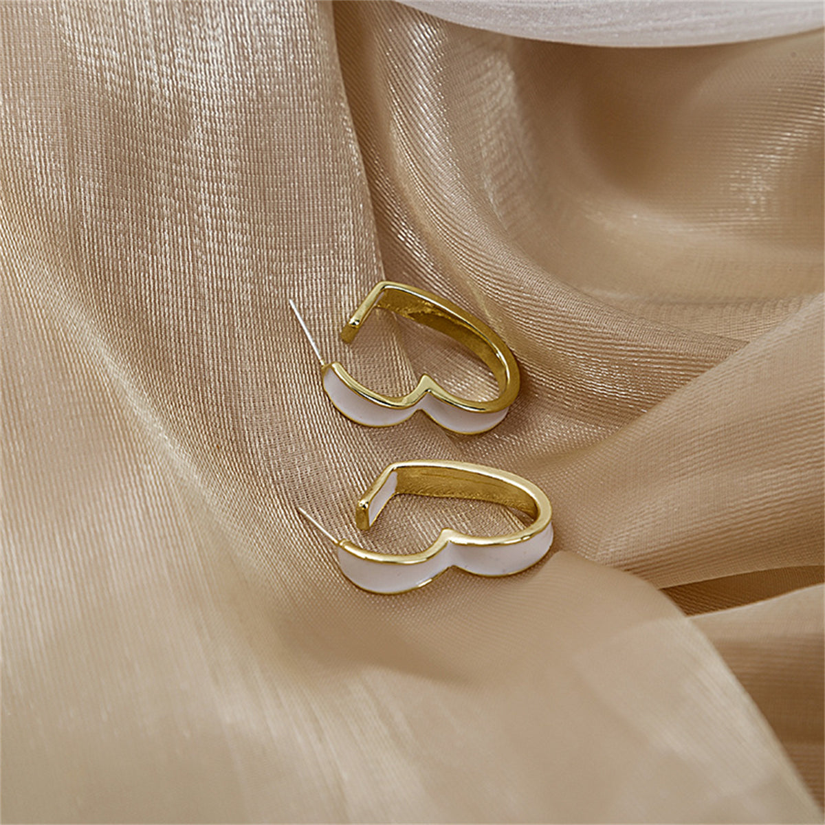 White Enamel & 18K Gold-Plated Heart Huggie Earrings
