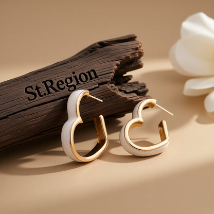White Enamel and 18K Gold-Plated Heart Huggie Earrings, gold huggie earrings, everyday style, front view