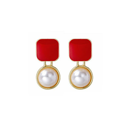 Red Enamel and Pearl 18K Gold-Plated Square Ball Drop Earrings, gold drop earrings for women, everyday style, styled look