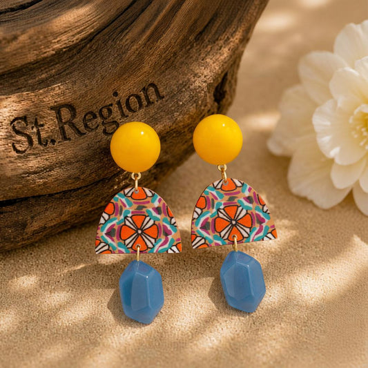 Yellow and Blue Resin Geometric Drop Earrings, drop earrings for women, elegant gift for her, front view