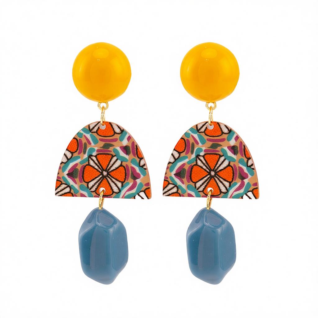 Yellow and Blue Resin Geometric Drop Earrings, drop earrings for women, elegant gift for her, side view
