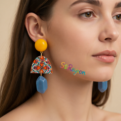 Yellow & Blue Resin Geometric Drop Earrings
