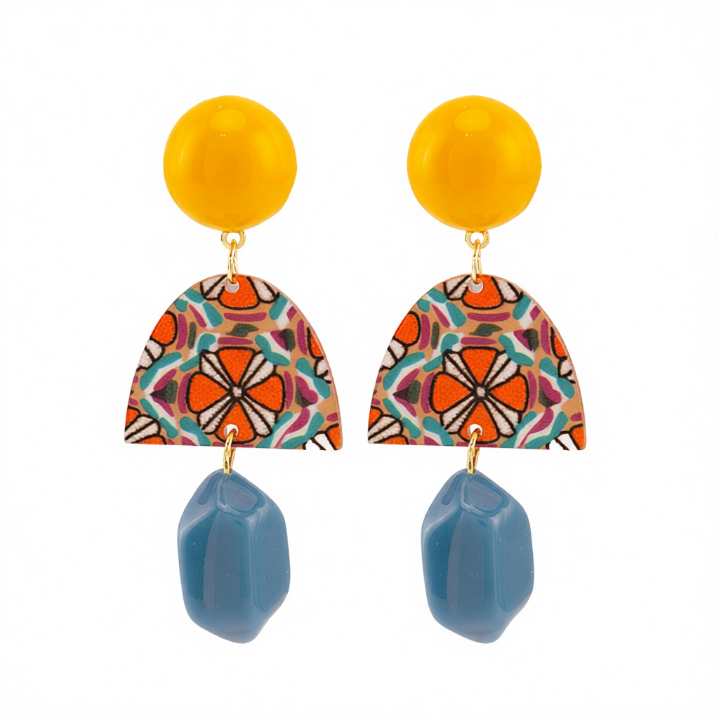 Yellow & Blue Resin Geometric Drop Earrings