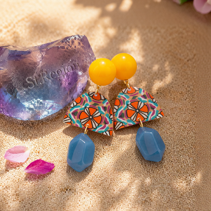 Yellow & Blue Resin Geometric Drop Earrings