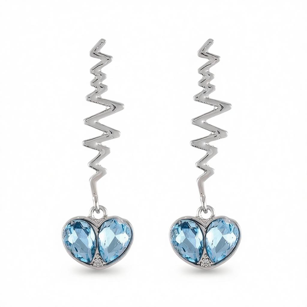 Blue Crystal and Silver-Plated Pulse Heartbeat Drop Earrings, silver drop earrings for women, side view