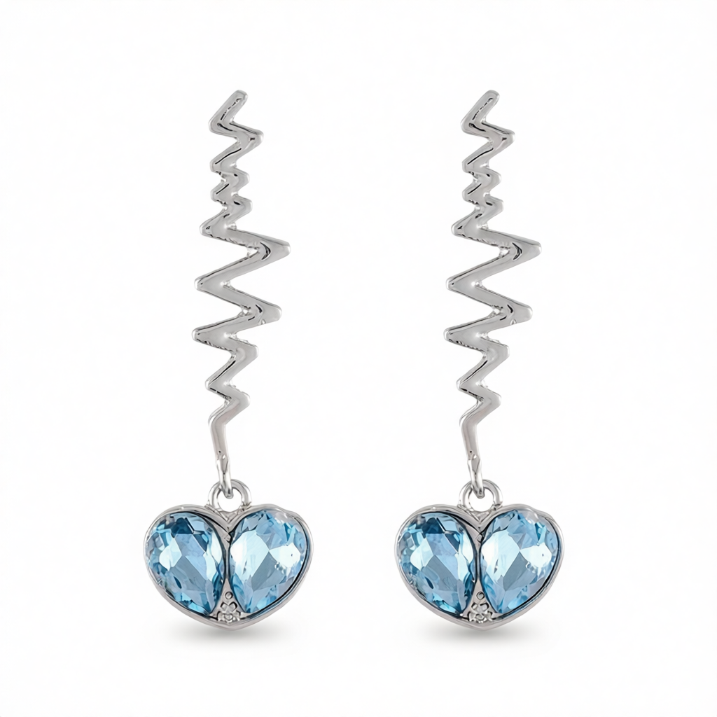Blue Crystal & Silver-Plated Pulse Heartbeat Drop Earrings