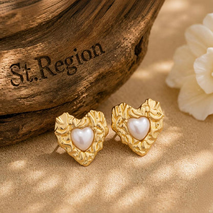 Pearl and 18K Gold-Plated Textured Heart Stud Earrings, cubic zirconia stud earrings for women, front view