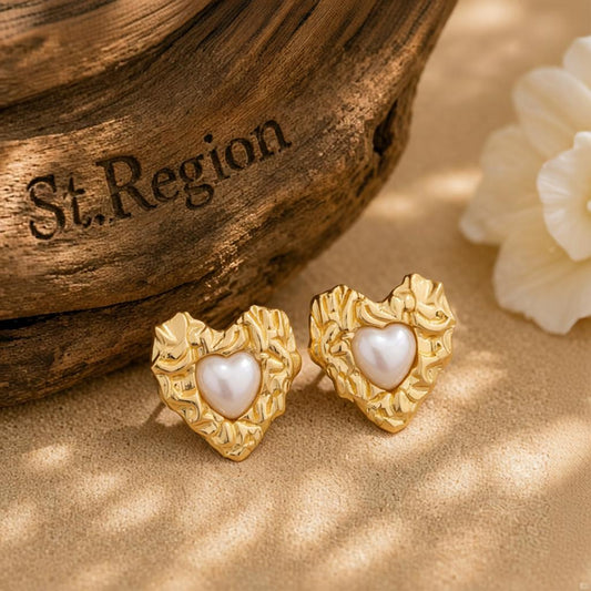Pearl & 18K Gold-Plated Textured Heart Stud Earrings