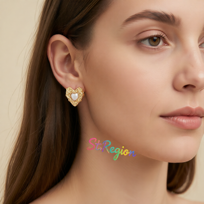 Pearl & 18K Gold-Plated Textured Heart Stud Earrings