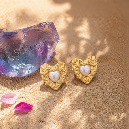 Pearl & 18K Gold-Plated Textured Heart Stud Earrings