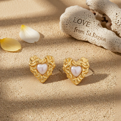 Pearl & 18K Gold-Plated Textured Heart Stud Earrings