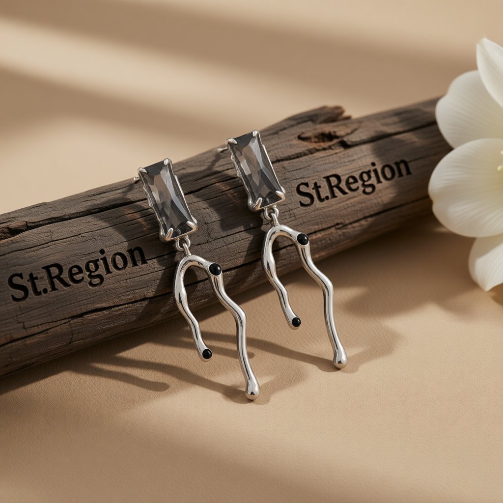 Black Crystal and Silver-Plated Branch Drop Earrings, silver drop earrings for women, everyday style, front view