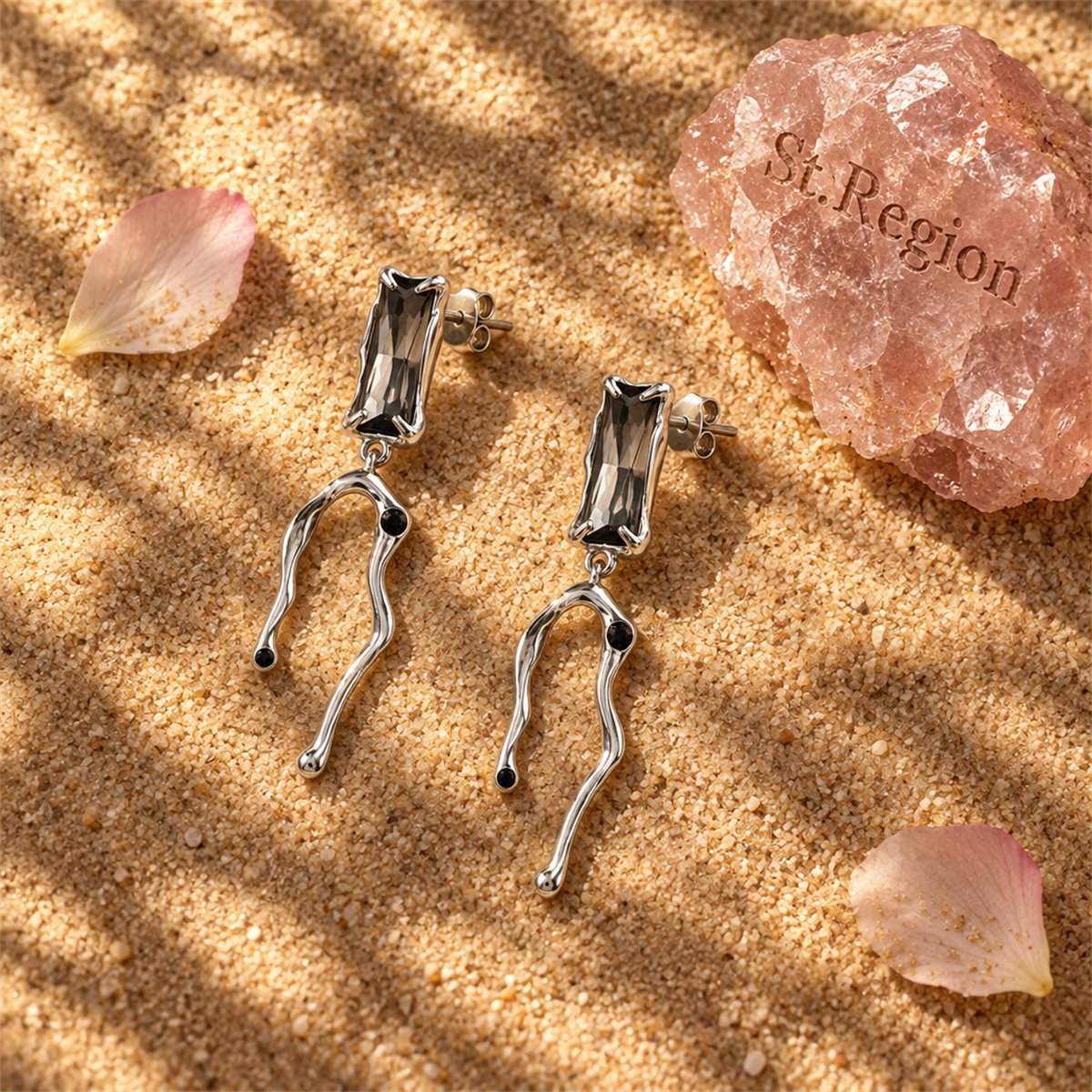 Black Crystal and Silver-Plated Branch Drop Earrings, silver drop earrings for women, everyday style, detail close-up