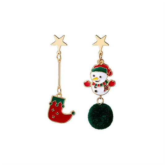 Red and Green Boot Snowman Pom-Pom Mismatch Drop Earrings, drop earrings for women, vintage-inspired design, front view