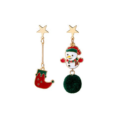 Red & Green Boot Snowman Pom-Pom Mismatch Drop Earrings