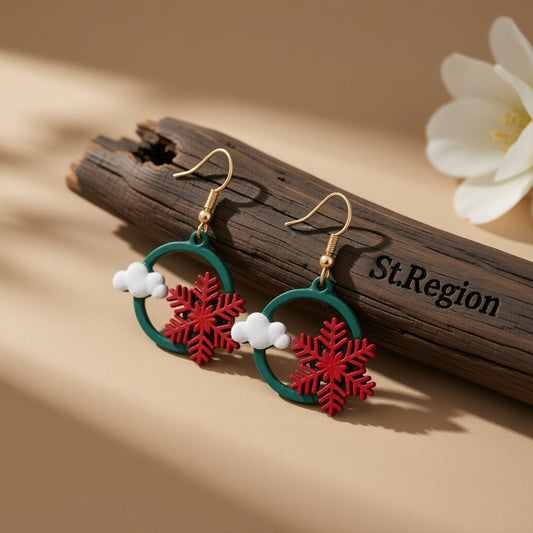 Red and Green Snowflake Drop Earrings, drop earrings for women, everyday style, front view