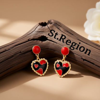 Red and Black Heart Drop Earrings, drop earrings for women, vintage-inspired design, front view