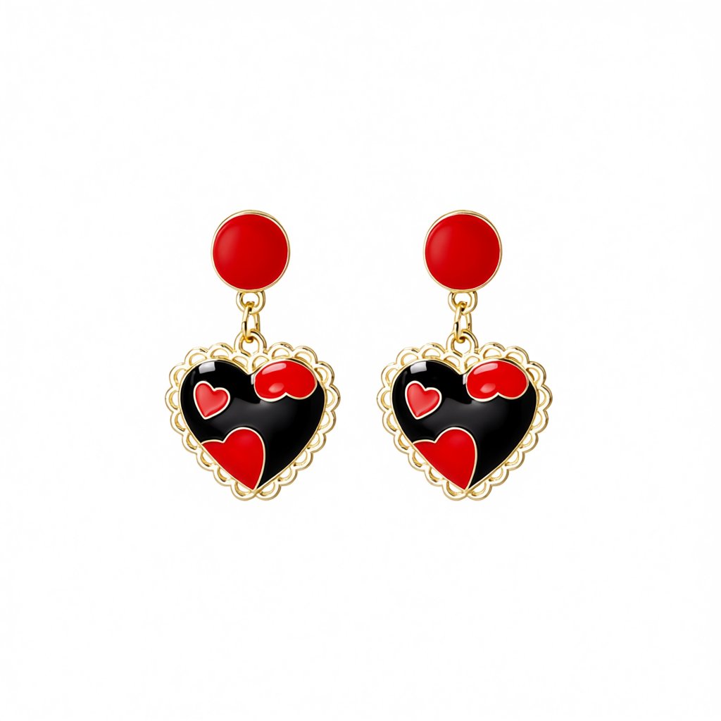 Red and Black Heart Drop Earrings, drop earrings for women, vintage-inspired design, side view