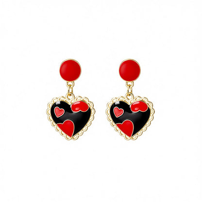Red and Black Heart Drop Earrings, drop earrings for women, vintage-inspired design, side view