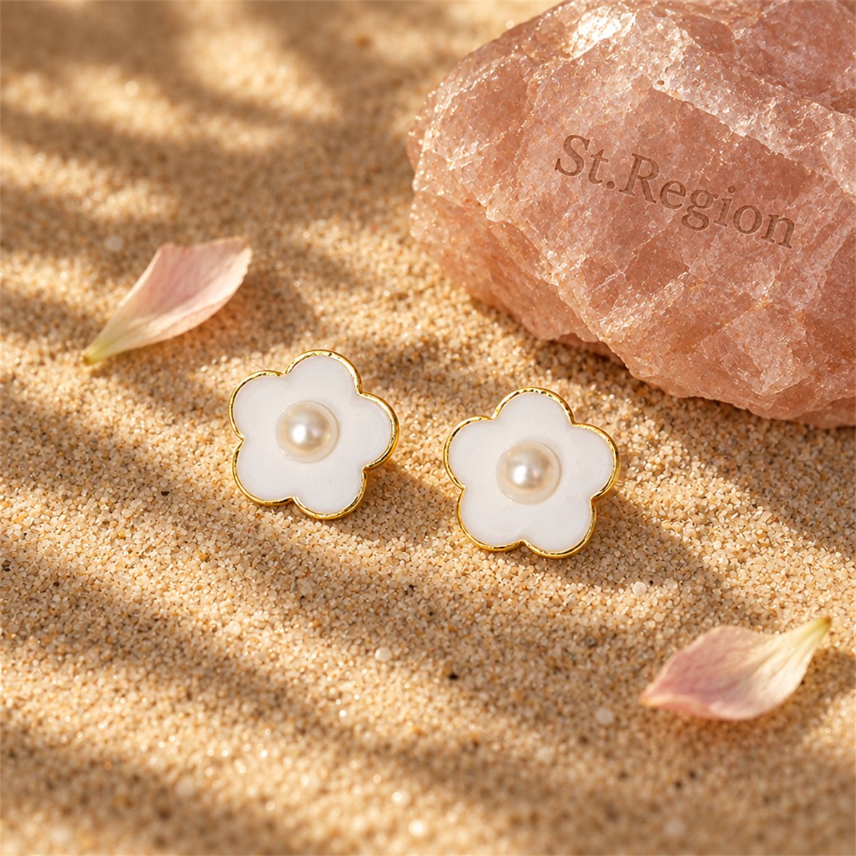 Pearl and Enamel 18K Gold-Plated Flower Stud Earrings, gold stud earrings for women, vintage-inspired design, detail close-up