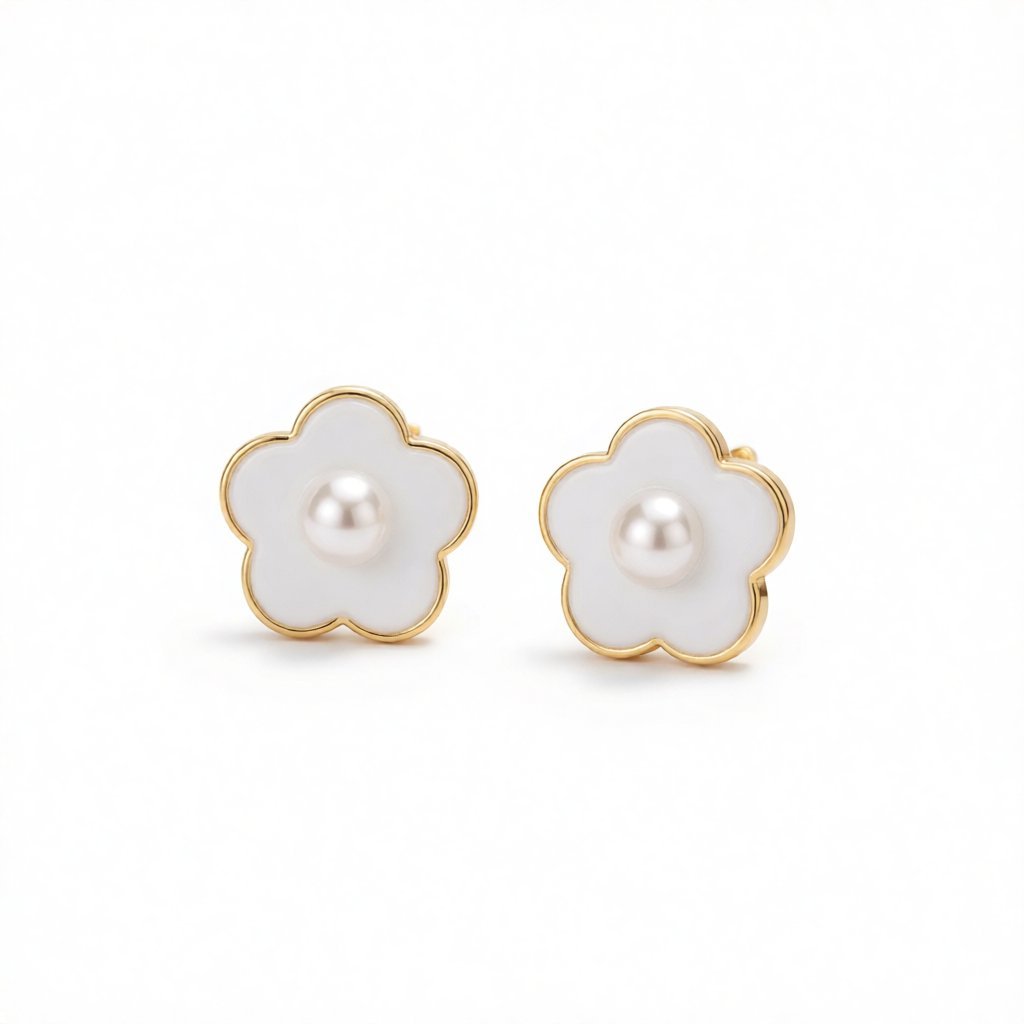 Pearl and Enamel 18K Gold-Plated Flower Stud Earrings, gold stud earrings for women, vintage-inspired design, side view