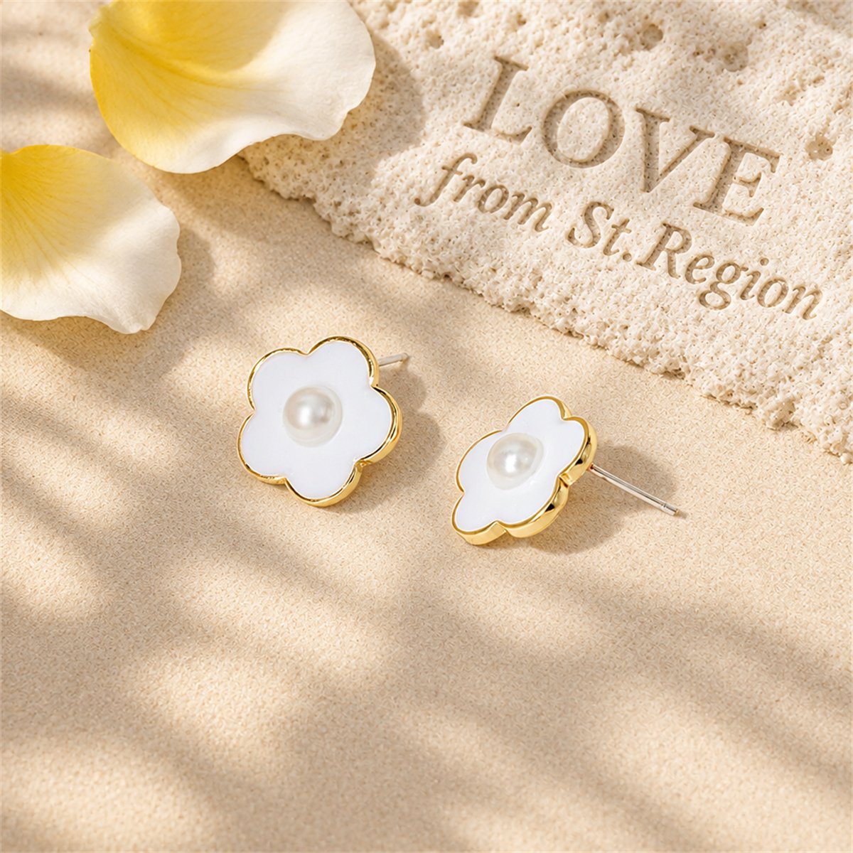 Pearl and Enamel 18K Gold-Plated Flower Stud Earrings, gold stud earrings for women, vintage-inspired design, lifestyle look