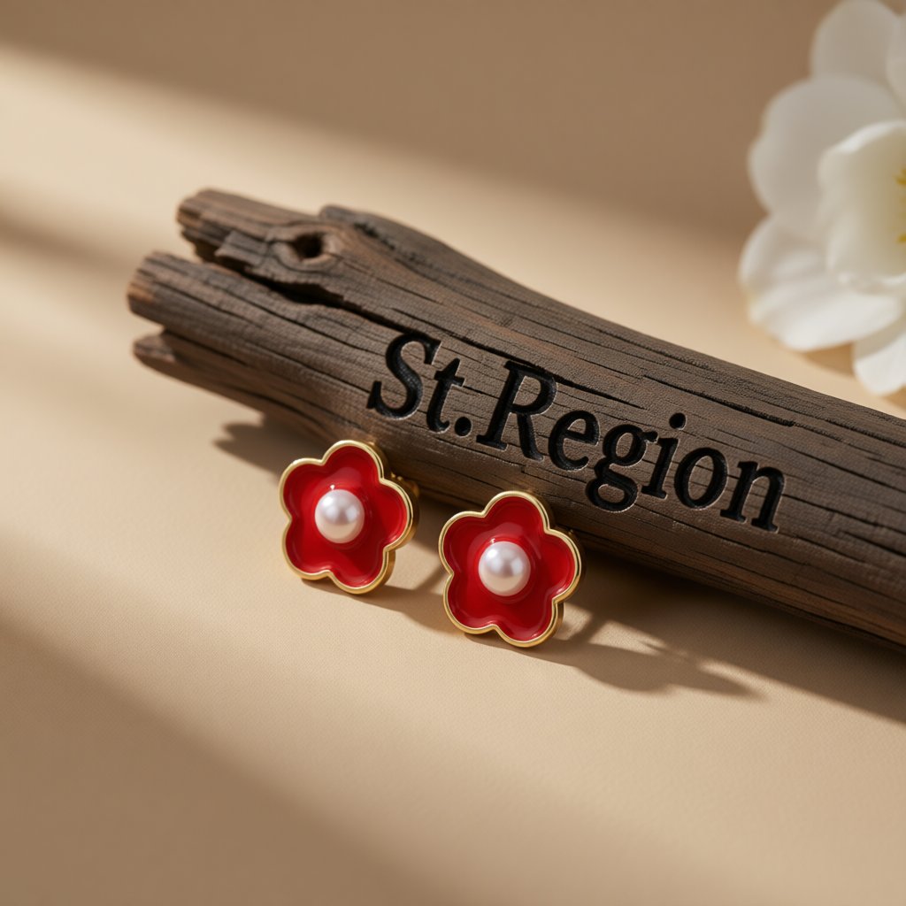 Pearl and Red Enamel Flower Stud Earrings, stud earrings for women, botanical inspired, front view