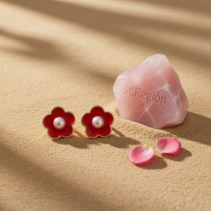 Pearl and Red Enamel Flower Stud Earrings, stud earrings for women, botanical inspired, detail close-up