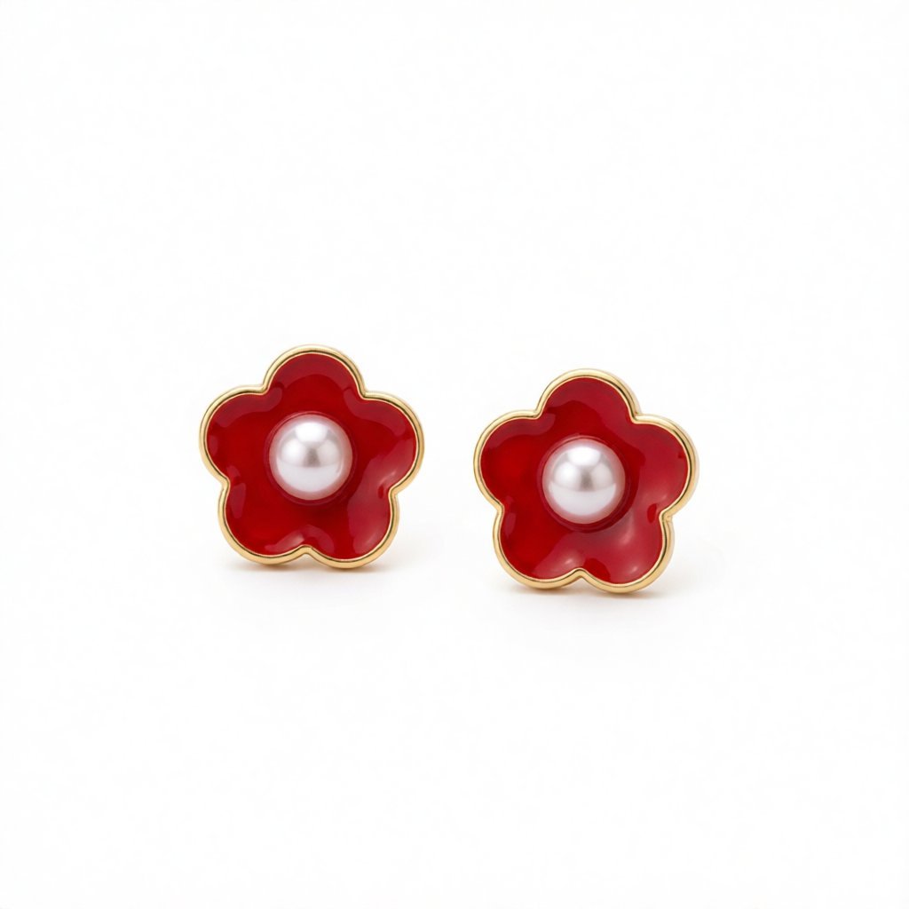 Pearl and Red Enamel Flower Stud Earrings, stud earrings for women, botanical inspired, side view