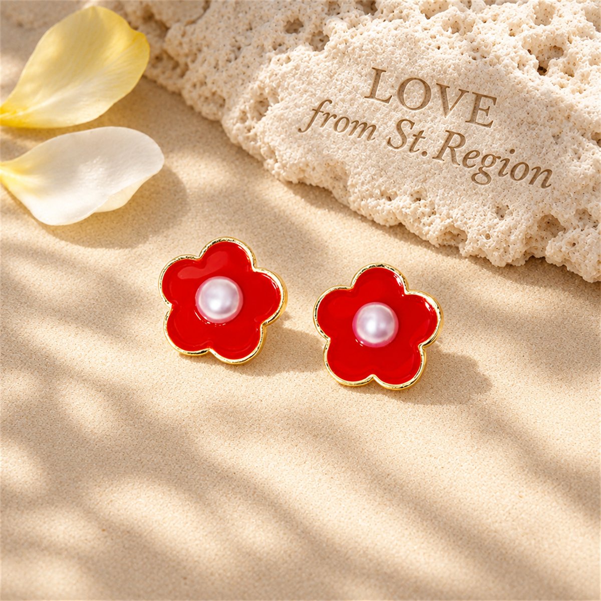 Pearl and Red Enamel Flower Stud Earrings, stud earrings for women, botanical inspired, lifestyle look